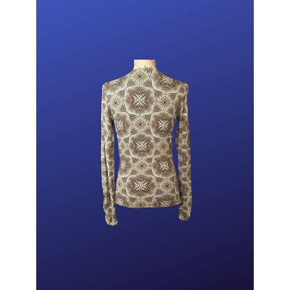 KAREN KANE Faux/SURPLICE WRAP TOP, Cream/Brown/Olive Geometric print, Size L - Picture 2 of 7